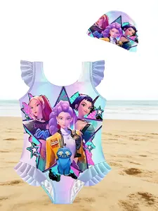 Girls One-Piece Swimsuit with Swim Cap, K-POP Demon Hunters 3D Character & Blue Monster Print Ruffle Bathing Suit