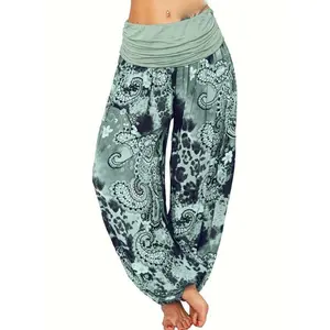 Plus Size Boho Harem Pants - Vintage Floral Print with Ruched Waist. Lightweight khaki fabric, comfortable baggy fit for vacations and all seasons. Bottoms Women's Clothing