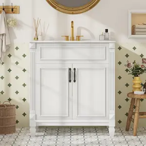 30" Bathroom Vanity with Sink, Farmhouse Freestanding Bathroom Cabinet with Ceramic Basin & Double Doors, White, NO Mirror Faucet