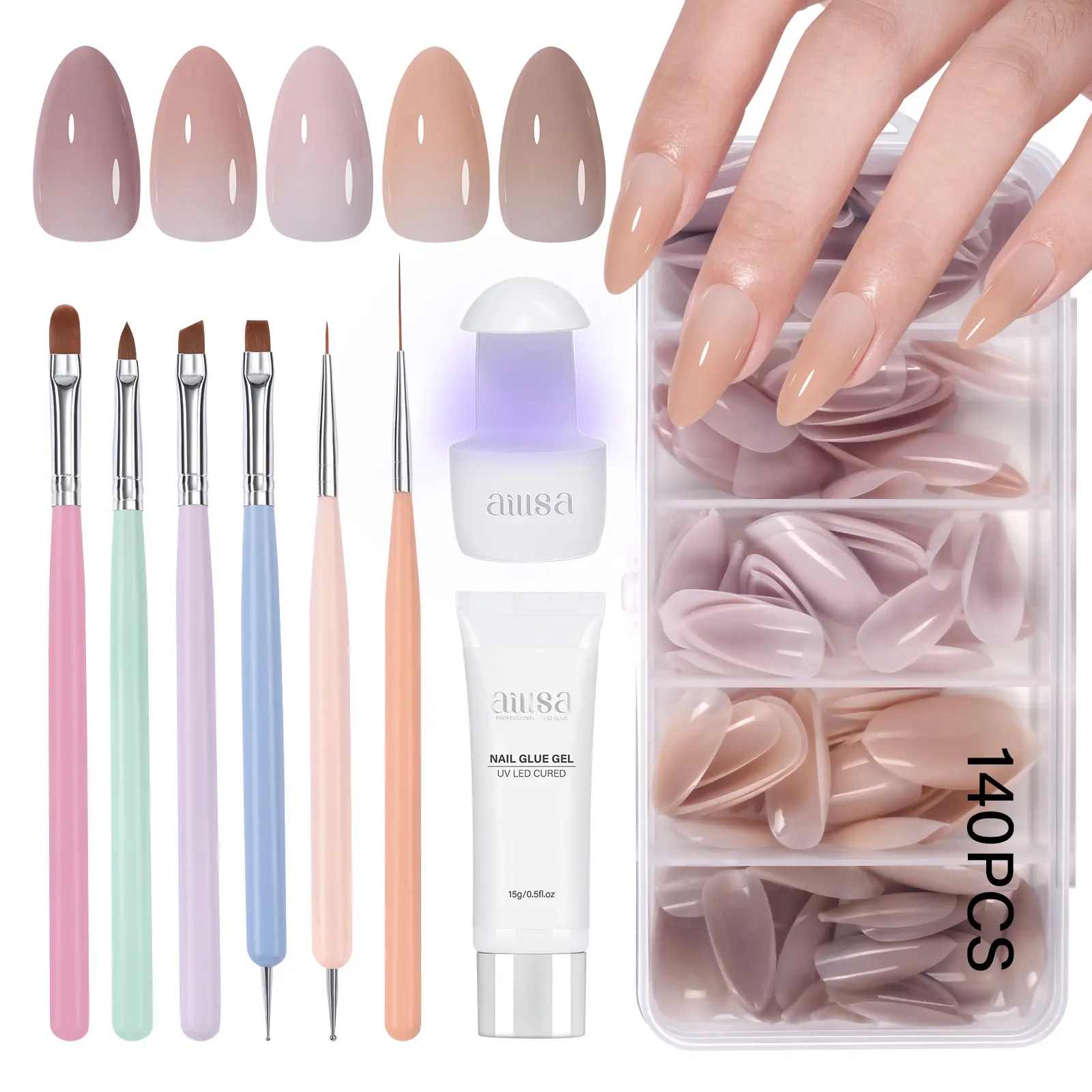 AILLSA Gel Nail Extension Kit, 140 Pcs Pre-Colored Soft Gel Almond Tips in 5 Neutral Colors, Acrylic Press Nails with Mini UV Lamp & Solid Glue, Nail Supplies