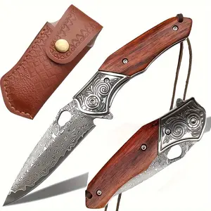 Damascus Pocket Knife, VG10 Damascus Steel Folding Knife with Wood Handle, Leather Sheath, Outdoor Knife, Camping Knife,EDC Knife for Outdoor Survival Collection Knife