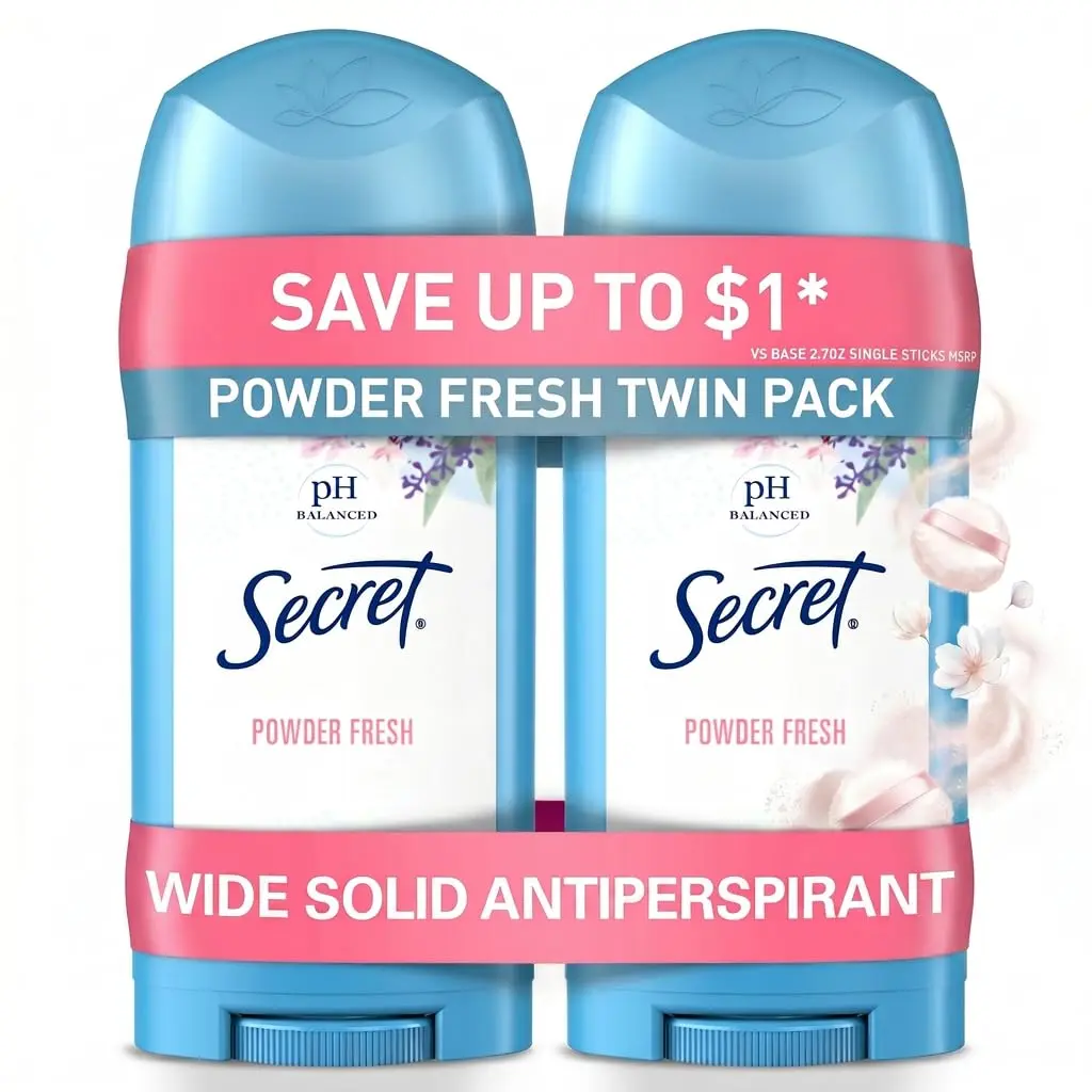 Secret Antiperspirant and Deodorant for Women, 24hr Sweat & Odor Protection, PH Balanced Protection, Gentle on Skin, Wide Solid, Powder Fresh Scent, 2.7 oz (Pack of 2)