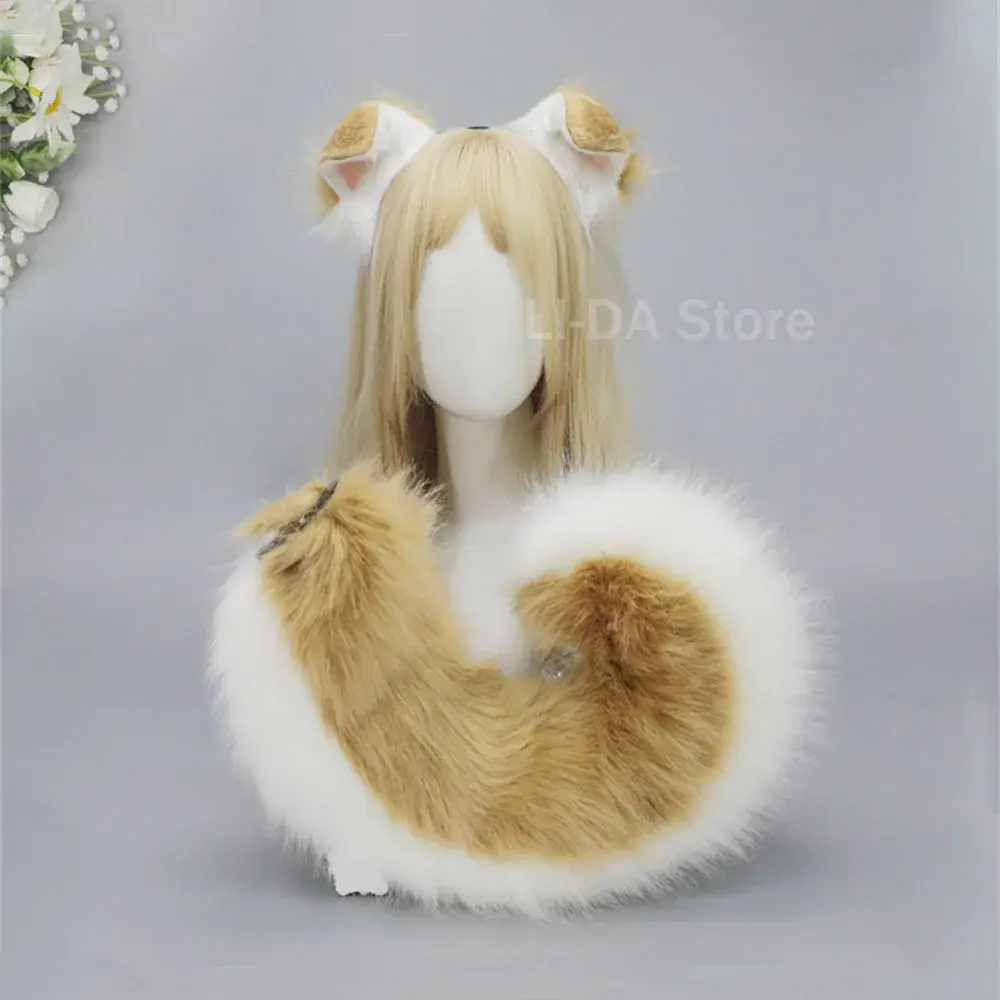 2Pcs/set Shepherd Dog Ear Hairband Tail Shiba Lnu Ear Plush Dog Role Play Cos Pet Puppy Ear Tail Halloween Costume Accessories