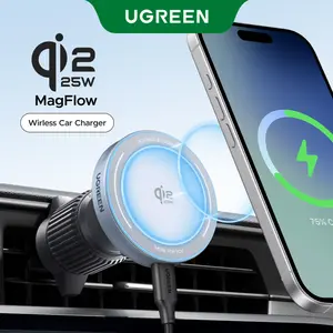 UGREEN 25W MagFlow Wireless Car Charger, MagSafe Qi2 Certified Fast Charging Cradle Mount for iPhone 17/16/15/14/13/12 Series, Air Vent Clip Secure Holder with USB-C Cable