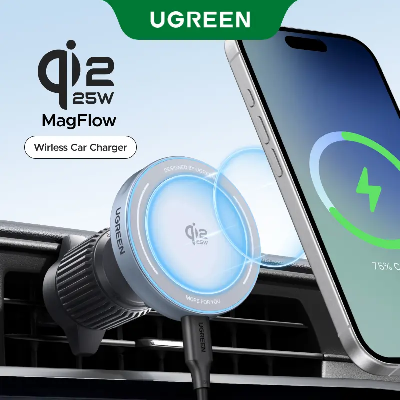 UGREEN 25W MagFlow Wireless Car Charger, MagSafe Qi2 Certified Fast Charging Cradle Mount for iPhone 17/16/15/14/13/12 Series, Air Vent Clip Secure Holder with USB-C Cable
