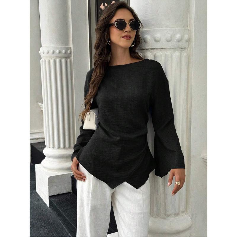 Women's Black Solid Color Pleated Asymmetric Hem Long Sleeve Elegant Blouse Fabric Fit Casual Top Woven Polyester Shirt