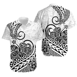 Men's Polynesian Tribal Tattoo Hawaiian Shirt, Retro Island Kid Tropical Button Down, Traditional Geometric Print Aloha Shirt, Lightweight Pacific Islander Cultural Resort Wear