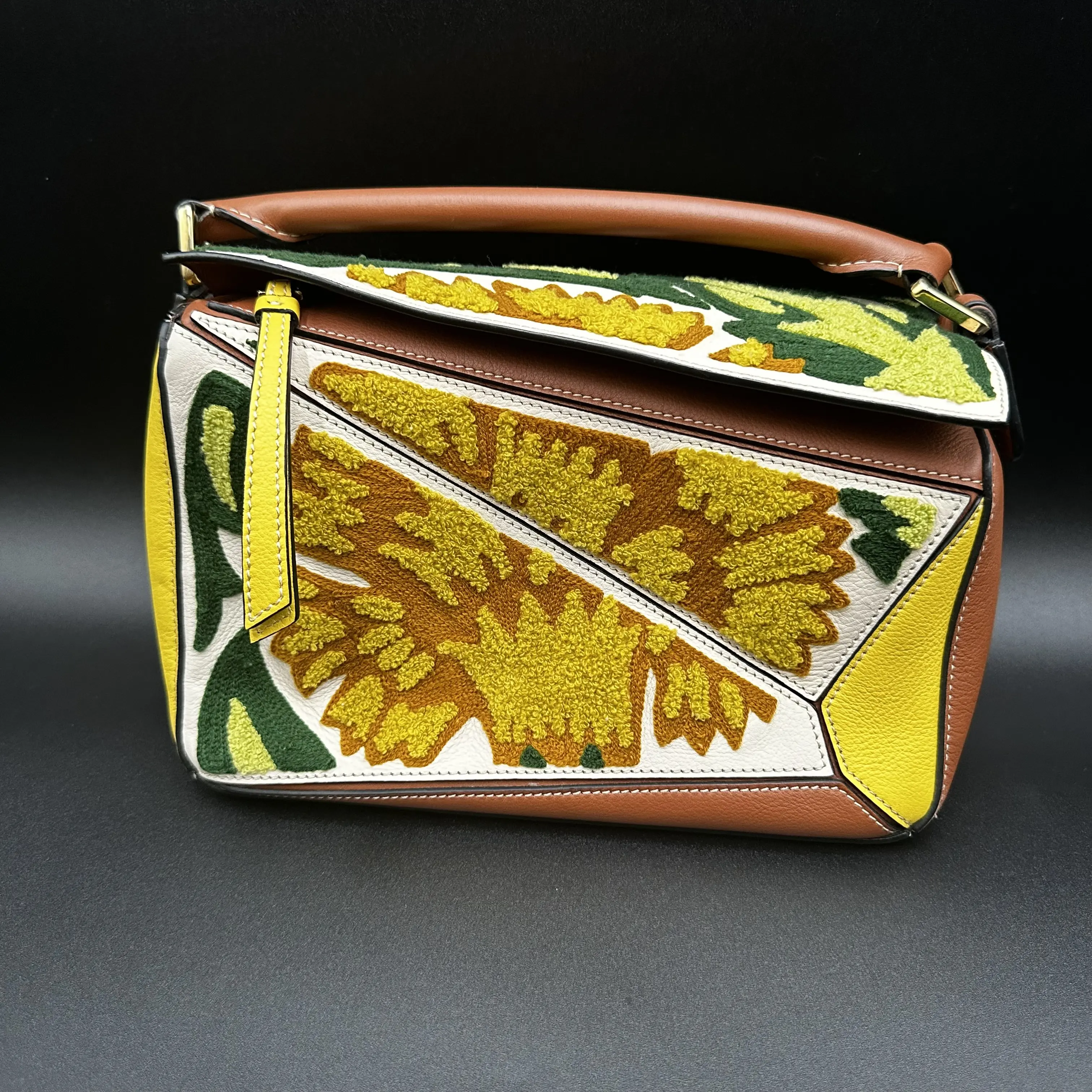 Pre-owned Loewe calfskin leather Crossbody Bags Calfskin Embroidered Floral Mini Puzzle Bag Tan Yellow