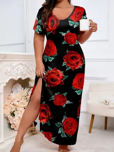 [Plus Size] Floral Print Split Hem Nightdress, Elegant Chic Comfy Fitted V Neck Short Sleeve Nightgown for Women, Women's Sleepwear & Loungewear for All Seasons