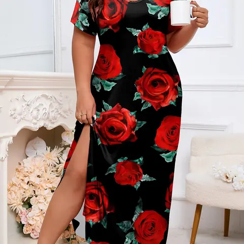 [Plus Size] Floral Flower Rose Print Split Hem Nightdress, Elegant Comfy Chic Aesthetic V Neck Short Sleeve Printed Nightgown for Women, Women's Sleepwear for All Seasons, Loungewear, Womenswear
