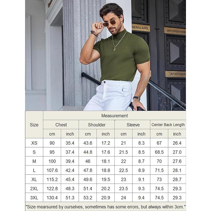 COOFANDY Mens Mock High Neck Sweater Short Sleeve Solid Color T-Shirts Basic Slim Fit Knitted Pullover Tees Casual Classic Menswear Festival Top Knitwear
