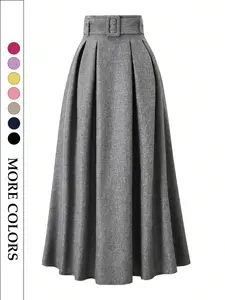Women's High Waist Pleated Skirt, Matching Belt Slimming Long Dress, Casual Commuter Office Wear, Daily