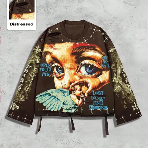 Men's Vintage Street Style Saint Graphic Print Long Sleeve Round Neck T-Shirt Graphic T Shirts Streetwear, Casual, Loose-Fitting Short Fit, Fall 2000s Fashion, Menswear