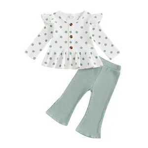 Toddler Girl Fall Winter Outfits Long Sleeve Stripes Dots Plaid Sweatshirt T-shirt Flare Pants 2Pcs Clothes Set