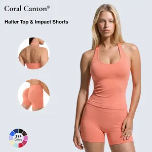 Coral Canton 2-Piece Halter Top & Sports Shorts Stretchy Suit Set, Sporty Style Outfits for Yoga Gym Outfits, Workout Gym Clothing & Training Clothes Sportswear Set Athletic Fashion Activewear, Athletic Sets, Activewear Shorts Set