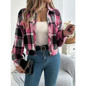 Women Plaid Print Button Front Drop Shoulder Jacket, Autumn Winter Casual Long Sleeve Stand Collar Coat Womenswear Polyester Outerwear Fitted