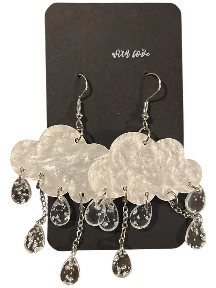 Rainy Day Dangle Earrings - Stainless Steel Resin Cloud Design with Silver Foil Flakes & Chain Drops