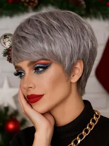  Human Hair Wig Silvery Gray Pixie Cut Wig Comfortable Basics Style Wig with Fringe Stylish Hairstyle Rose Net Cap Christmas Party Wig Christmas cosplay Wig Christmas Wig