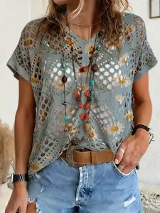 Spring Summer V Neck Hollow Out Batwing Sleeve Knit Top, Colorblock Floral Print, Casual Elegant Commuter Wear, Boho Beach Cover-Up