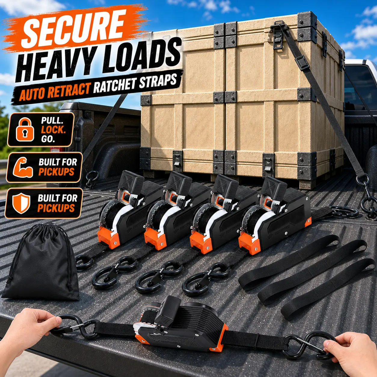 Retractable ratchet straps securing heavy pickup truck cargo