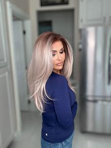 Carkira Cathy Ash Blonde Mixed Grey Color Highlight Light Pink 13x4 Lace Front Wigs Ombre Color Free Style Layered Natural Hairline 18Inch Synthetic Hair for Women Girls