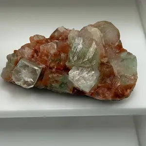 Premium Green Apophyllite Cubes on Peach Stilbite