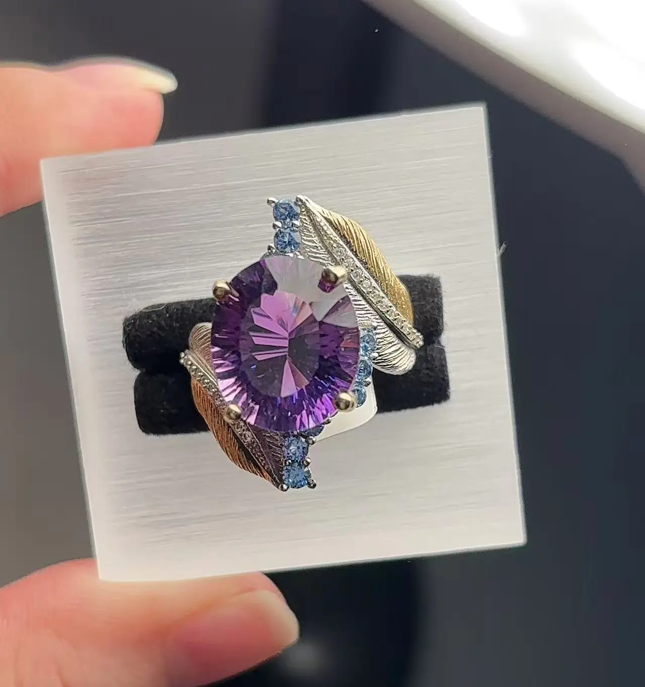 Amethyst Ring Adjustable Size S925 Silver Natural Gemstone Crystal Jewelry