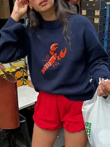 Daily Casual Fashion Loose Lobster Pattern Round Neck Sweater Pullover, Long Sleeve Animal Design, Loose-Fitting H Type, Fall & Winter