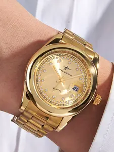 RICECGO Men's Quartz Watch Full diamond-studded gold dial with date window All-gold construction for scratch resistance Suitable for daily commutes and business settings Clear readability without glare, Quartz Analog Wristwatch Analog Quartz Watches