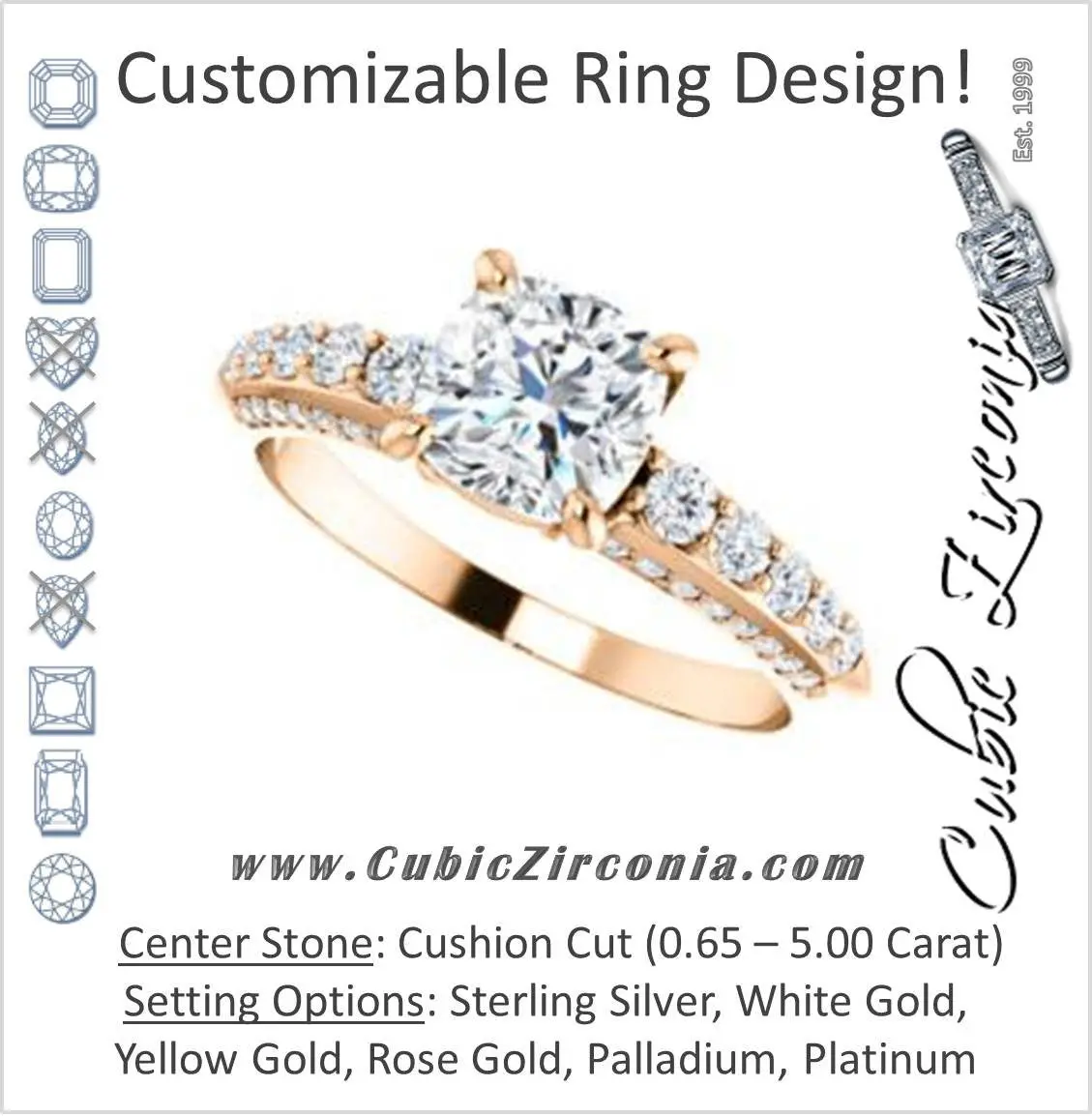 Cubic Zirconia Engagement Ring- The Rachelle (Customizable Cushion Cut with 3-Sided Round Prong Side Stones)