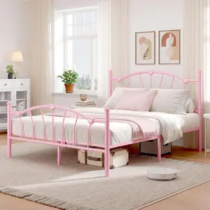 HOMBCK Bed Frame, Girls Bed Frame, Bed Frame with Heart-Shaped Decorative Headboard and Footboard, Heavy Duty Metal Slat Support, No Box Spring Needed, Easy Assembly