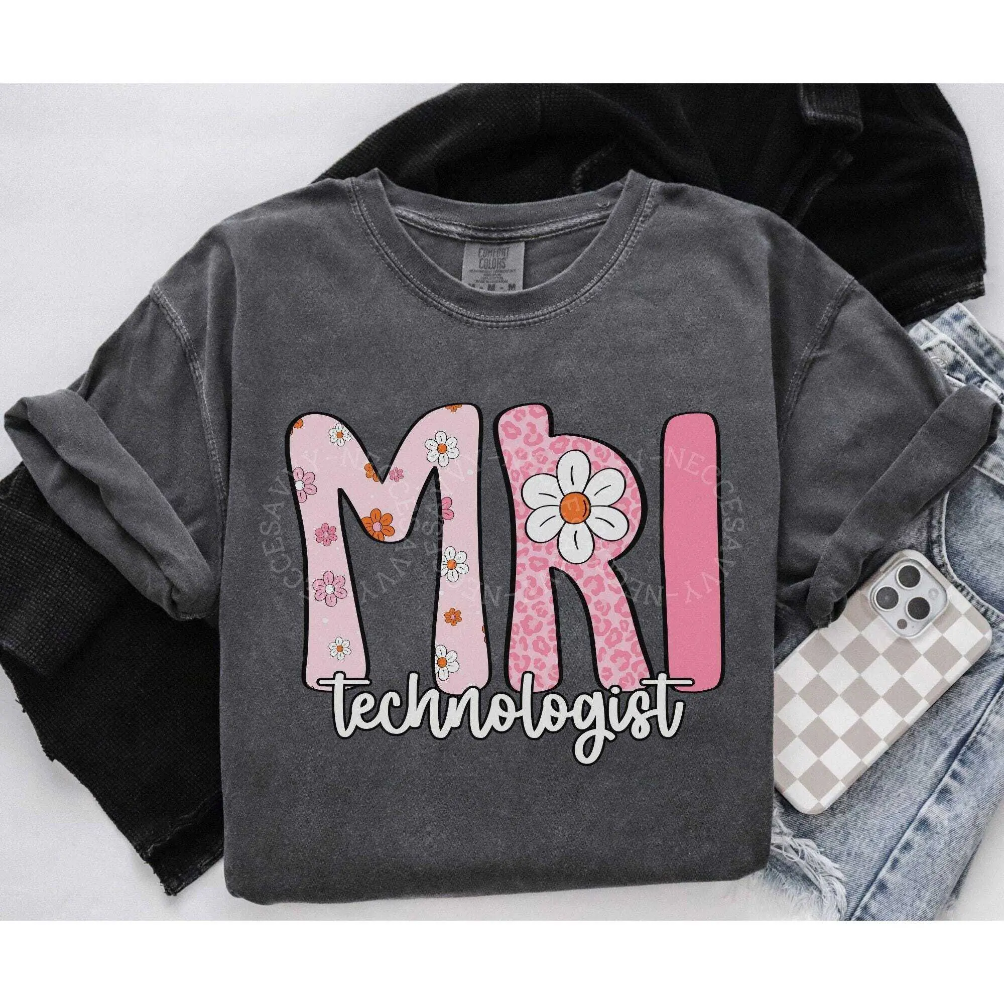 Comfort Colors MRI Tech Shirt, MRI Technologist Tshirt, MRI Tech Gifts for Graduation shirts Leopard Flower Mri Technology Student T Shirt Fabric Fit Top Womenswear
