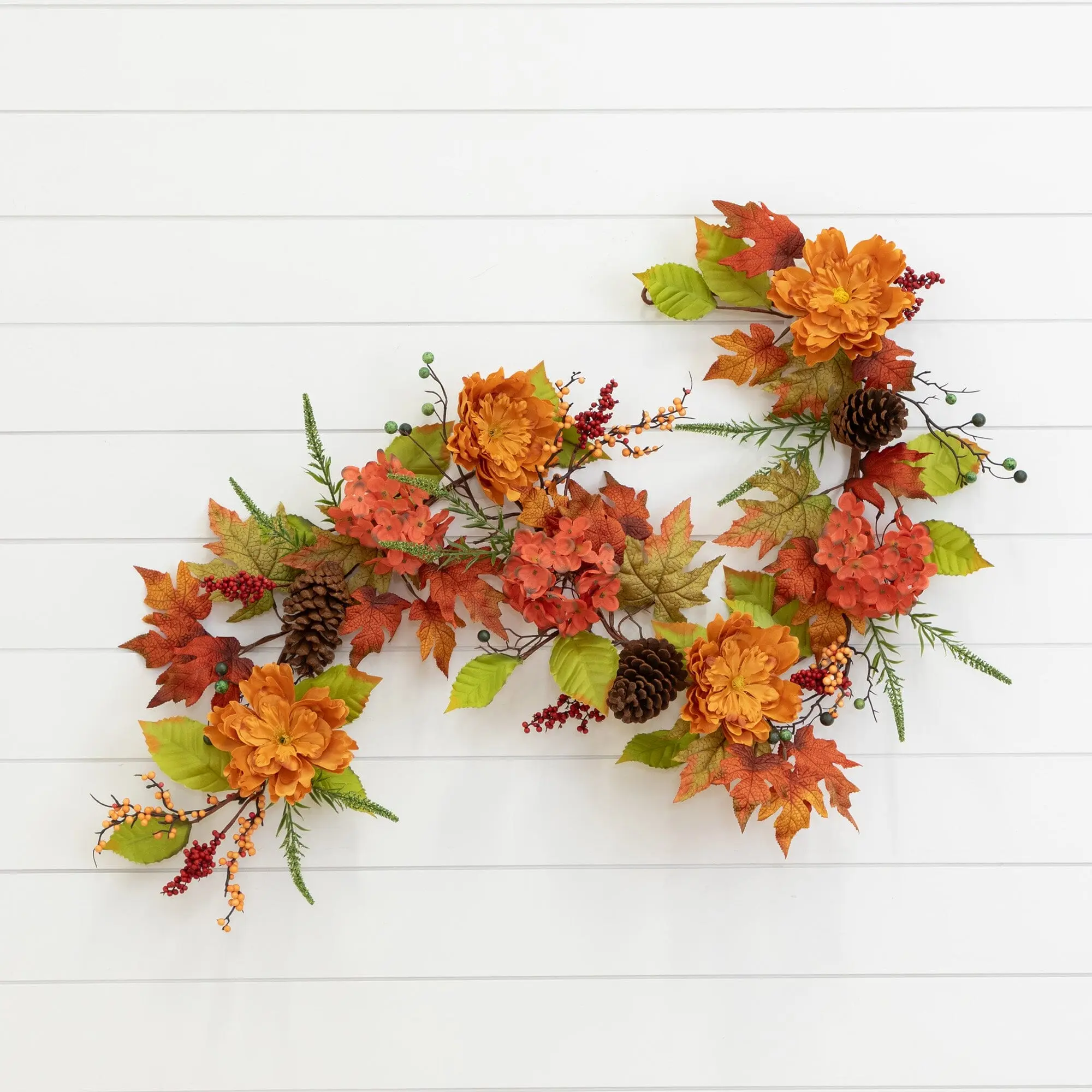 6ft Texturizing Artificial Synthetic Flower Garland Set - Ranunculus, Hydrangea, Berries for Home Decoration, Wall Hanging Ornament, Thanksgiving Festive Display