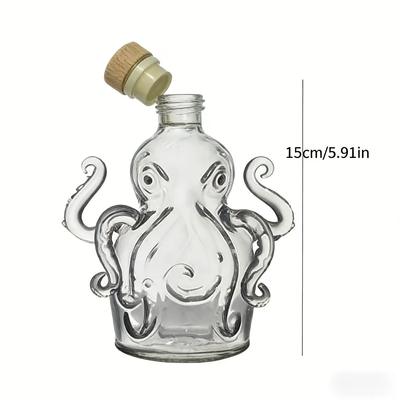 Octopus-Shaped Food-Grade Borosilicate Glass Flask with Tight-Fitting Cork Stopper, Beverage Container for Home Bars and Parties