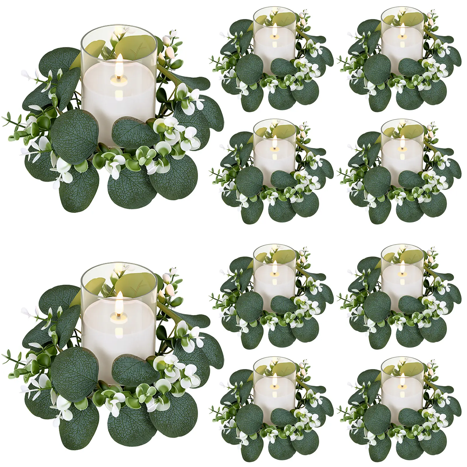 Plastic Artificial Eucalyptus Candle Rings with Flameless Candles Sets (10 Packs), Boho Greenery Decor for Wedding, Home Table Centerpieces, Room Decor