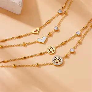 Fashionable Retro Minimalist Double-Layer Stacked Heart-Shaped Diamond-Studded Tree of Life Anklet, Aesthetic Style, Alt-Fashion, Bedazzled Heart, Bling Bling Costume Jewelry Accessory Chain, Aesthetic Style Anklets, Alt-Fashion Anklets