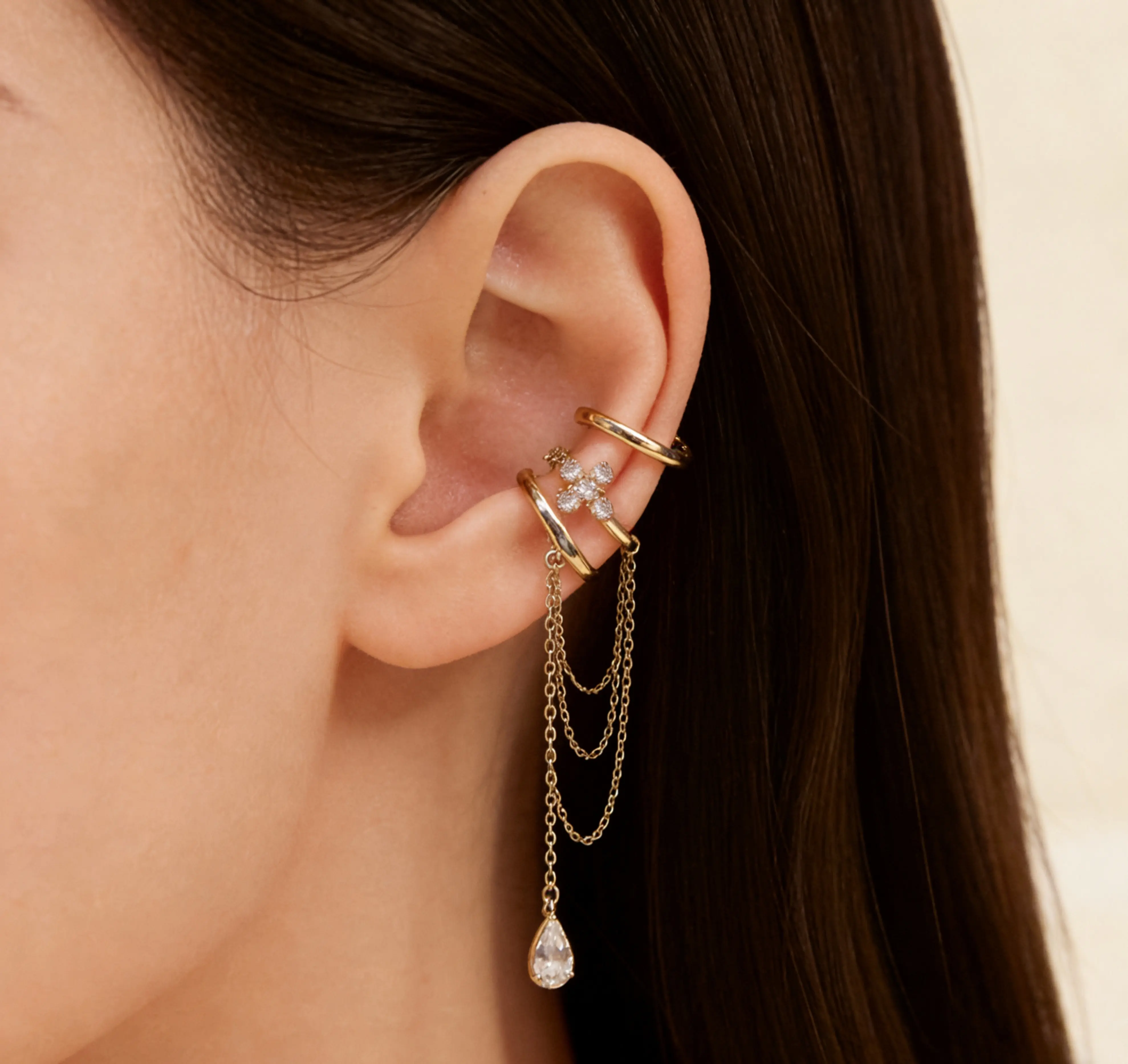 Tewiky 14K Gold Plated Ear Cuff Set, 3Pcs Cross Zircon Chain & Teardrop Zircon Pendant, Non-Pierced Ear Clips, Minimalist Luxury Stackable Ear Jewelry for Daily Commute & Special Occasion Styling