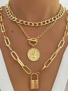 Women's Multi-layer Coin & Padlock Pendant Necklace, Fashion Ot Clasp Thick Chain Necklace for Party, Daily Decor, Trendy All-match & Exquisite Jewelry for Birthday Gift, Layered Necklaces