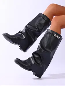 Women's Shark Lock Fold Knee Boots, Wedge High Heel Design, Zipper Closure, Round Toe Luxury Fashion Booties