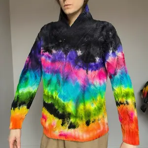 Men’s L , Women’s M-Xl Black Rainbow Knit Sweater 100% Merino Wool hand  knit pullover