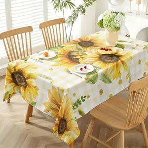 Vintage Sunflower & Gingham Tablecloth, Watercolor Style, Waterproof Rectangular Table Cover for Kitchen, Dining Room, Summer BBQ & Farmhouse Decor