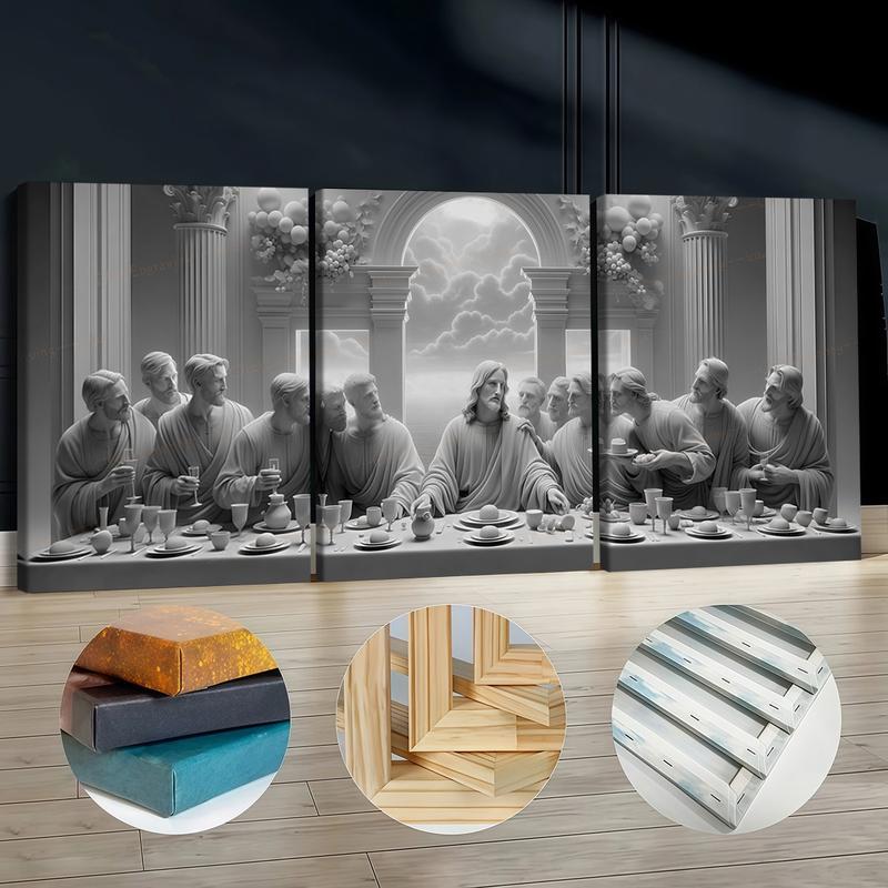 3-Piece Wooden Framed Canvas Art Set, & Last Supper Religious Theme Poster, Modern Home Decor Wall Art, High-Definition Print