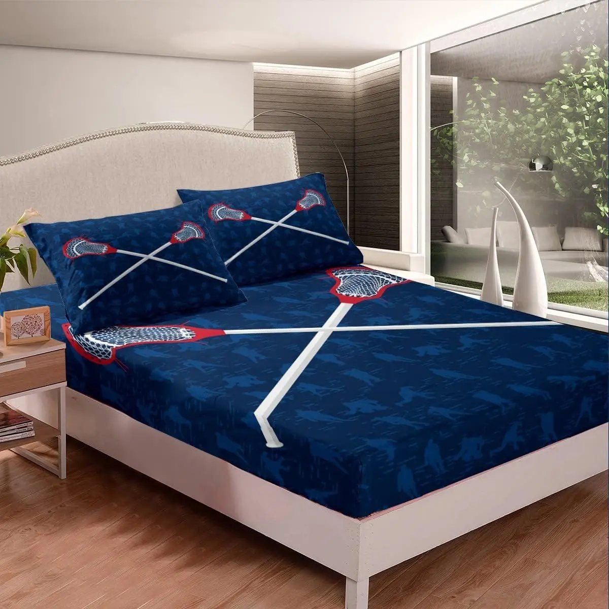 Feelyou Twin Size Lacrosse Microfiber Fitted Sheet Set, Navy Blue Sports Ball Game Bedding for Lacrosse Lovers, Christmas Gift Bed Cover, Microfiber Bed Sheets