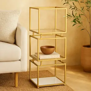 Gold Metal Cube Storage Shelving Unit with 3 or 4 Marble Shelves