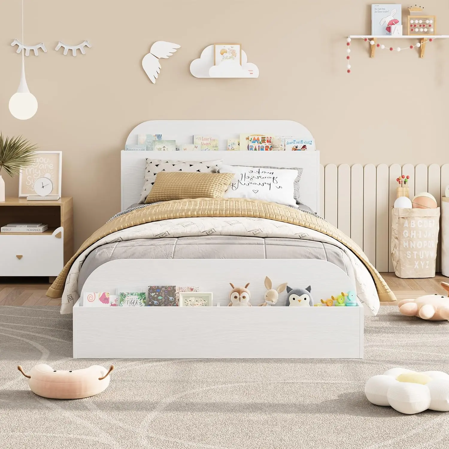 Twin Size Wooden Platform Bed Frame for Children, White Short Low-Profile Design, Storage Headboard & Footboard, Comfortable and Sturdy Wood Slats, No Box Spring Required, Assembly Required