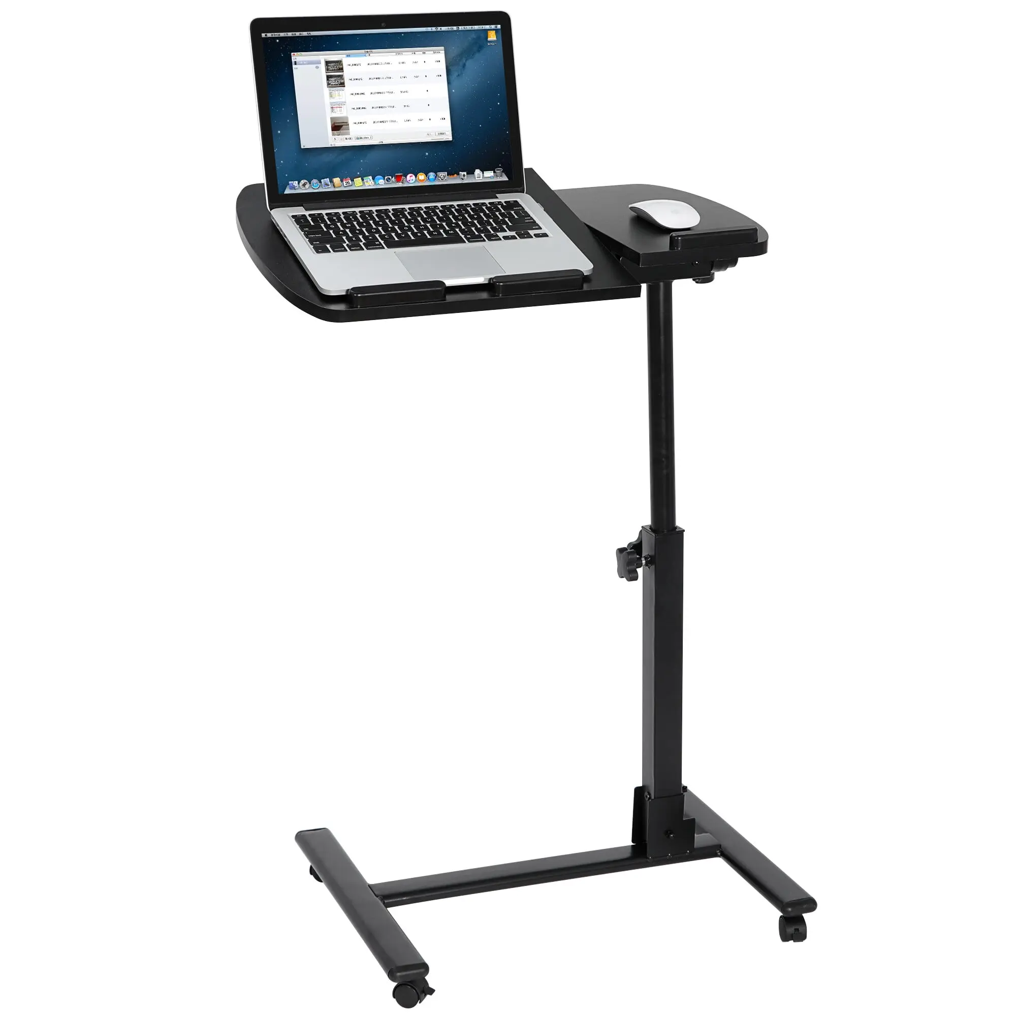 Black Adjustable Rolling Overbed Laptop Desk Cart Stand - Lockable Wheels, MDF+PVC Adjustable Desk Mount, Ergonomic Home Office Computer Stand with Height Adjustment, Locking Tilt, Portable Storage Organizer