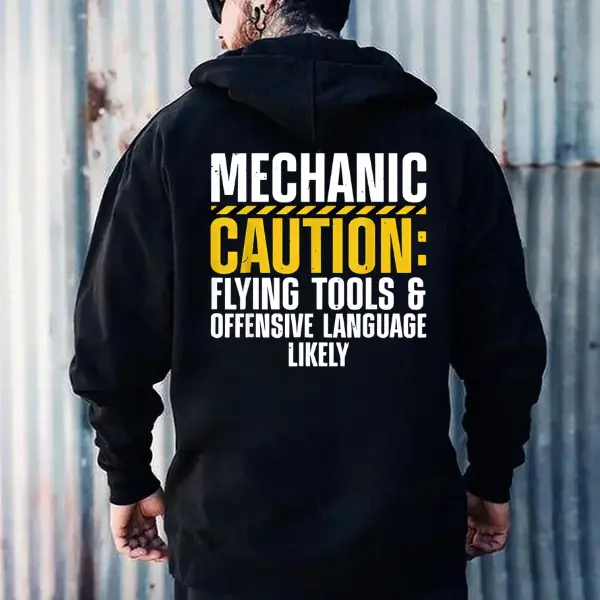 Mechanic's Funny T-Shirt, Unisex 100% Cotton Casual Graphic Tee, Caution Flying Tools & Offensive Language Garage Humor Gift