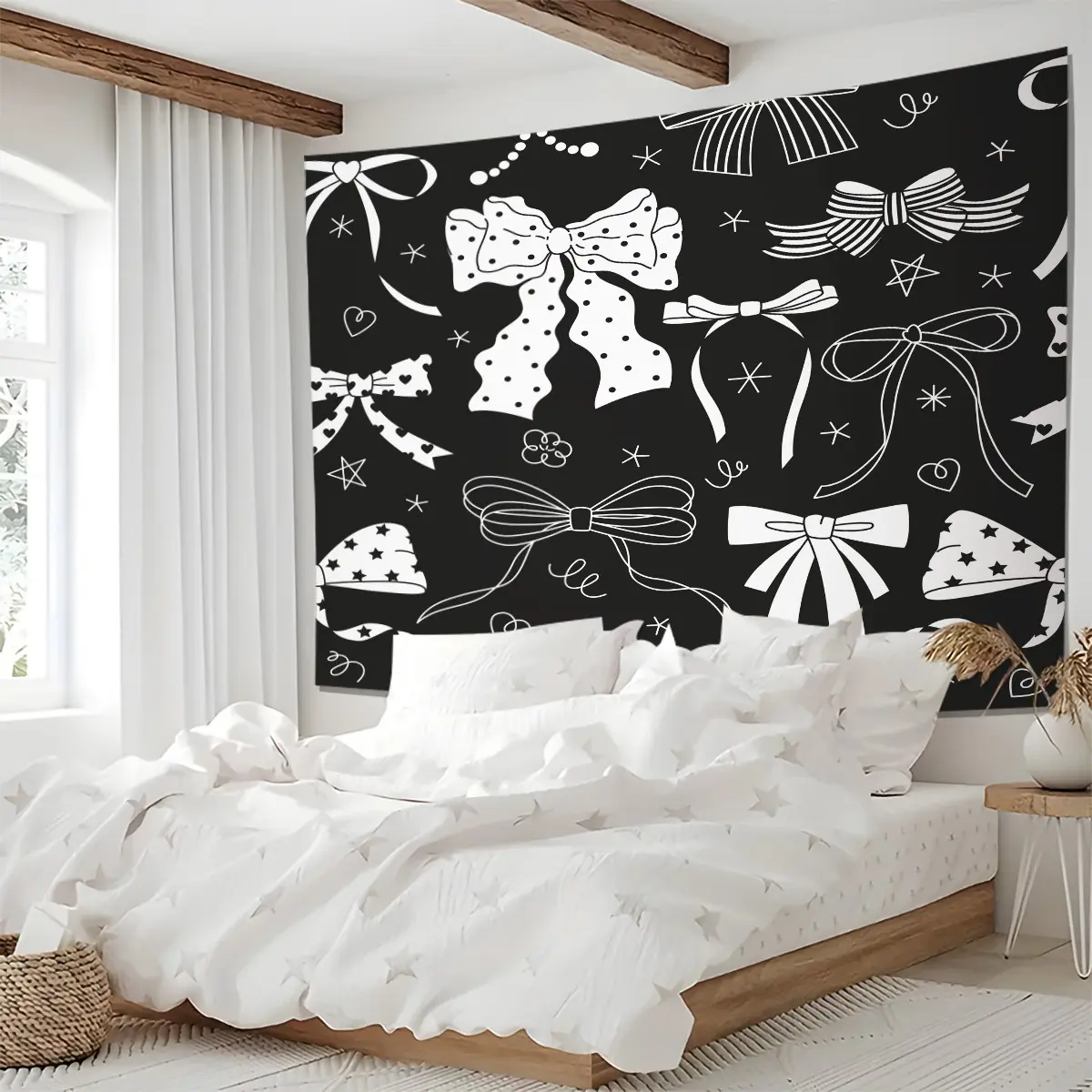 Black Coquette Bow Tapestry, Cute Bow Print Wall Hanging Tapestries, Aesthetic Wall Blanket Backdrop Decor for Girls Teens Birthday Party Bedroom Living Room