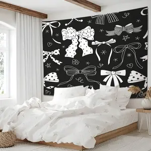 Black Coquette Bow Tapestry, Cute Bow Print Wall Hanging Tapestries, Aesthetic Wall Blanket Backdrop Decor for Girls Teens Birthday Party Bedroom Living Room
