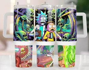Rick and Morty Space Zombies 40oz Tumbler, Sci-Fi Portal Adventure Travel Mug, White Handle Geek Cup